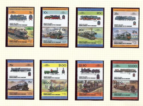 Loco 100 trains grenadines of st vincent union island 16 stamps mnh ( 8 pairs )