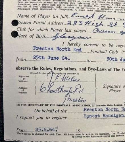 Ernest Hannigan Preston North End Official FA Player Registration Contract 1964