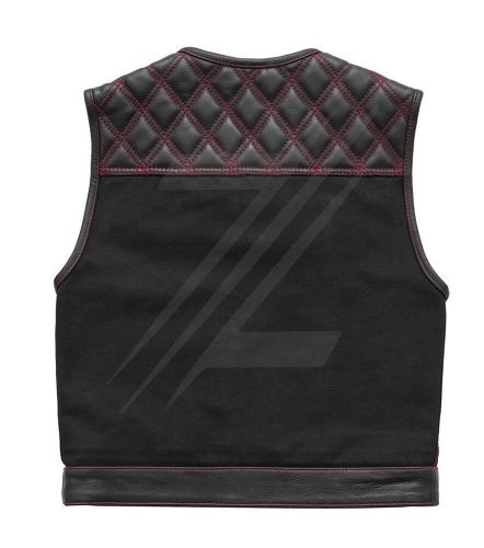 Men&#039;s Classic Cowhide Leather Vest Diamond Quilted Canvas Motorcycle Bikers vest