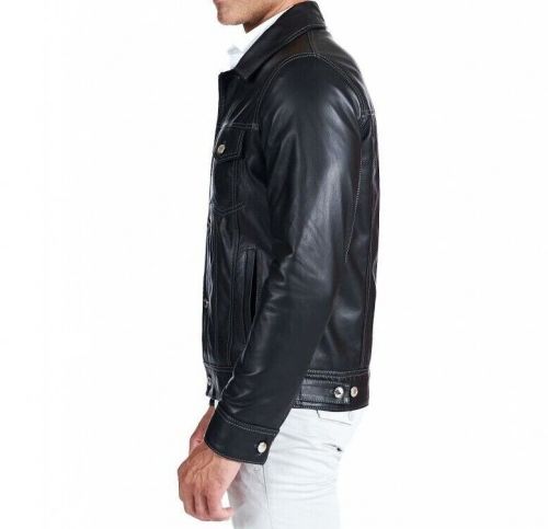 Abez men&#039;s slim fit black trucker lambskin leather jacket shirt style coat