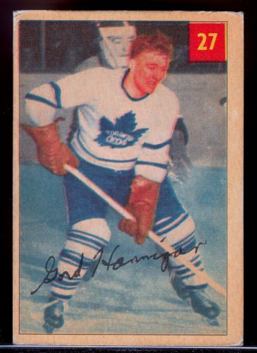 1954-55 PARKHURST HOCKEY TORONTO MAPLE LEAFS #27 GORDIE HANNIGAN BIO BACK