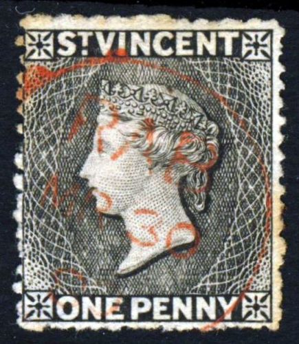 St. vincent qv 1871 one penny black watermark star rough perf. 14.5 sg 15 vfu