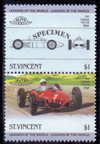 ST.VINCENT SPECIMEN STAMP PAIR 1961 FERRARI TIPO 156 ITALY CAR MNH.