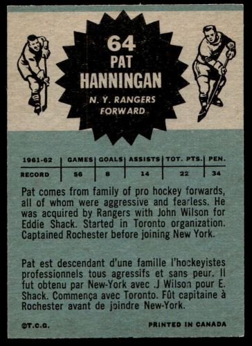 1962-63 topps #64 pat hannigan new york rangers nr-mint