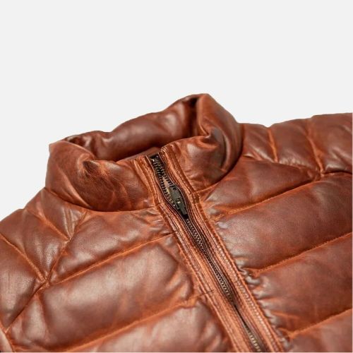 Mens puffer leather vest sleeveless pure brown lambskin leather vest