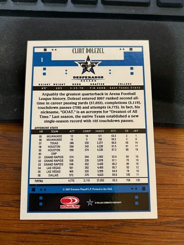 Clint Dolezel Dallas Desperados Autographed Football Card - Blue Ink Autograph