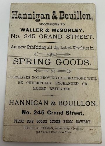 Vintage hannigan &amp; bouillon novelties &amp; spring goods victorian trade card