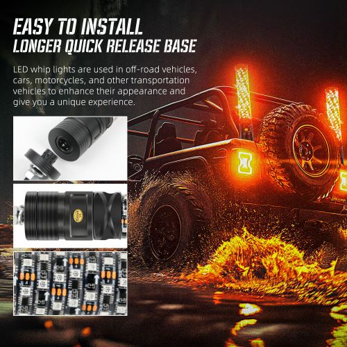 ATV UTV 1ft RGB LED Fat Whip Lights Remote Spiral Chase Antenna for Polaris RZR