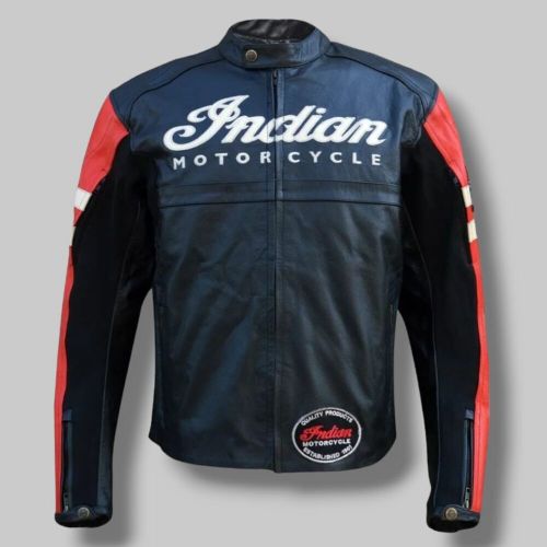 Men&#039;s INDIAN Leather Jacket Indian Motorcycle Biker Jacket - BLACK &amp; RED