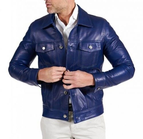 Abez men&#039;s slim fit blue denim trucker lambskin leather jacket shirt style coat