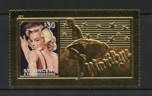 ST.VINCENT GRENADINES MARILYN MONROE COLORIZED GOLD 23kt FOIL STAMP RARE