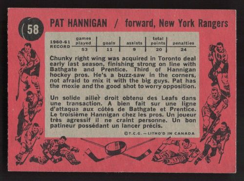 1961-62 Topps Pat Hannigan Rookie #58 - New York Rangers - Vintage RC VG-EX