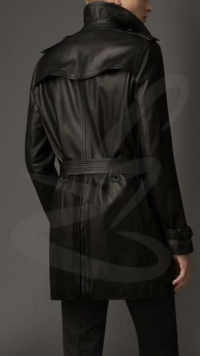 Men&#039;s Genuine Lambskin Leather Trench Coat Long Coat Stylish Belted Black Jacket