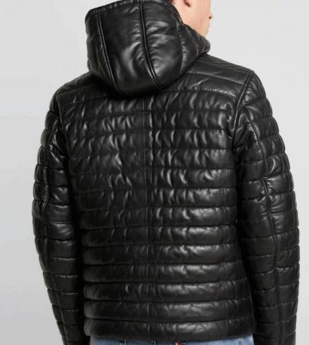 Men&#039;s black leather puffer jacket soft lambskin coat