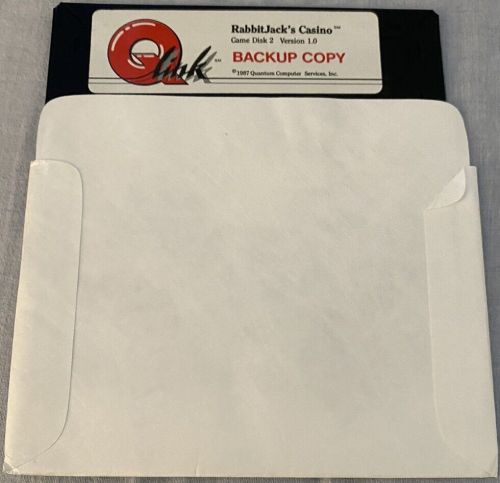 1987 Commodore 64 Video Game Rabbit Jacks Casino 5 1/4 Floppy Disk 2 QLink C64