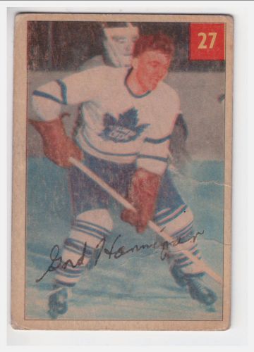 1954-55 parkhurst #27 gord hannigan autographed