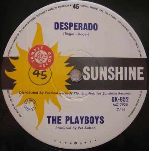 PLAYBOYS-NORMIE ROWE-DESPERADO OZ SUNSHINE LABEL-45 SAMPLE-1965