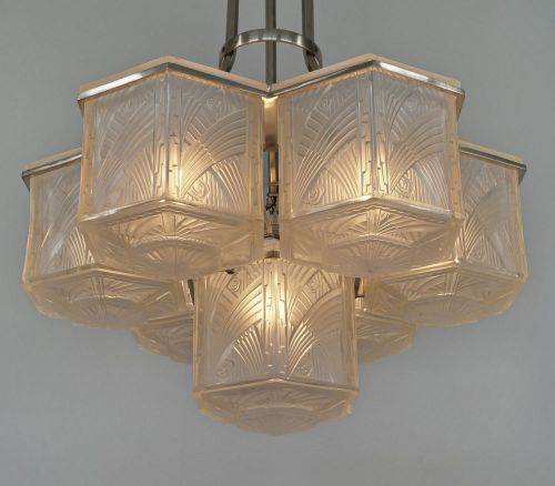 HETTIER &amp; VINCENT large rare French 1930 art deco chandelier in nickeled bronze