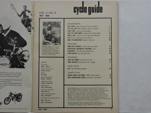 Cycle Guide Magazine May 1968 Triumph Bultaco Matador Hodaka Suzuki T-305 B13686