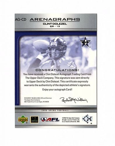 2006 Upper Deck Arena Football League AFL Clint Dolezel ARENAGRAPH AUTO AG-CD
