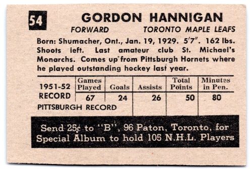 Gord hannigan rc 1952-53 parkhurst 52-53 no 54                30886