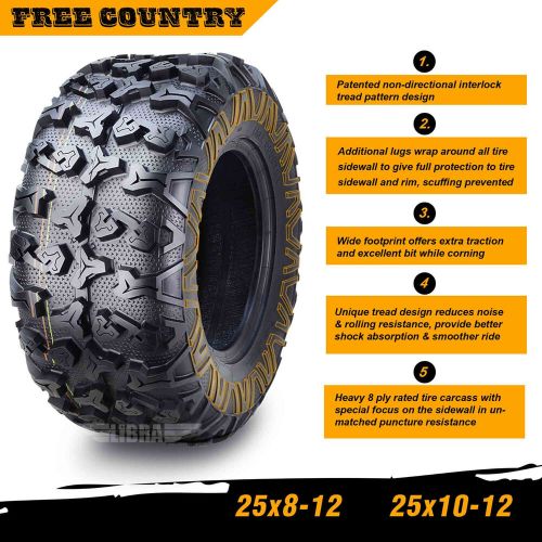 FREE COUNTRY 8PR ATV Tire Set 25x8-12 25x10-12 for 08-13 Qlink RODEO 400 500 700