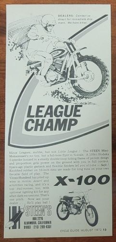 1972 steen x 100 mini motocrosser print ad 100cc hodaka motor