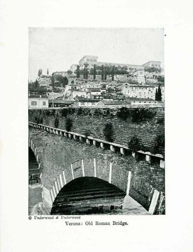 1924 print verona vento italy roman bridge old stone city town europe xgwa9