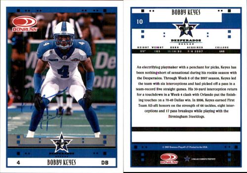 Bobby Keyes Signed 2007 Donruss Dallas Desperados (AFL) #10 Card Auto AU