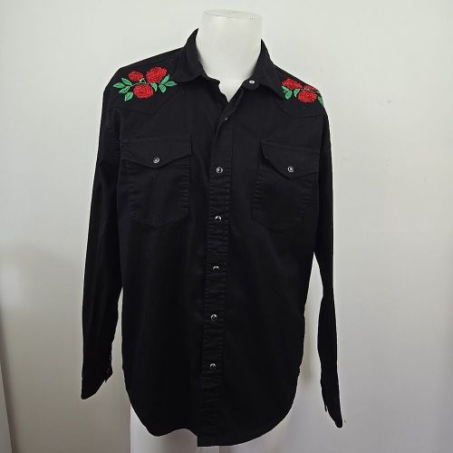 Desperado Dry Goods Western Pearl Snap Shirt Black Embroidered Roses Men&#039;s L