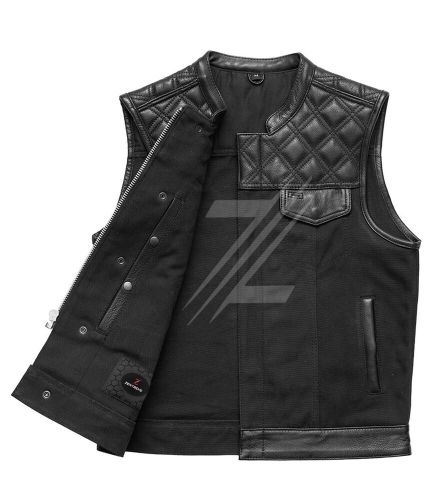 Men&#039;s Classic Canvas Cowhide Leather Vest Diamond Quilted Motorcycle Bikers vest