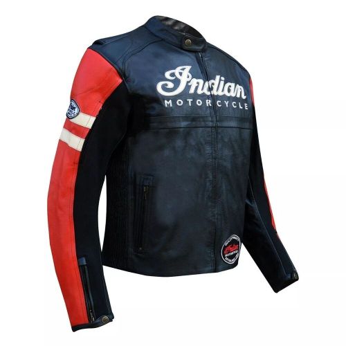 Mens Indian Black &amp; Red Motorcycle Jacket Genuine Cowhide Biker Leather Jacket