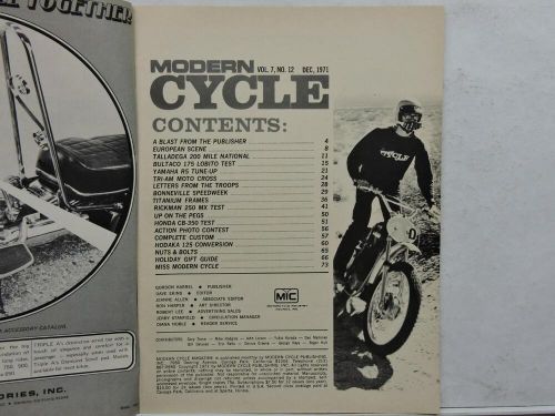 Modern Cycle Magazine December 1971 Yamaha 350 Hodaka 125 Tallageda 200 B13776
